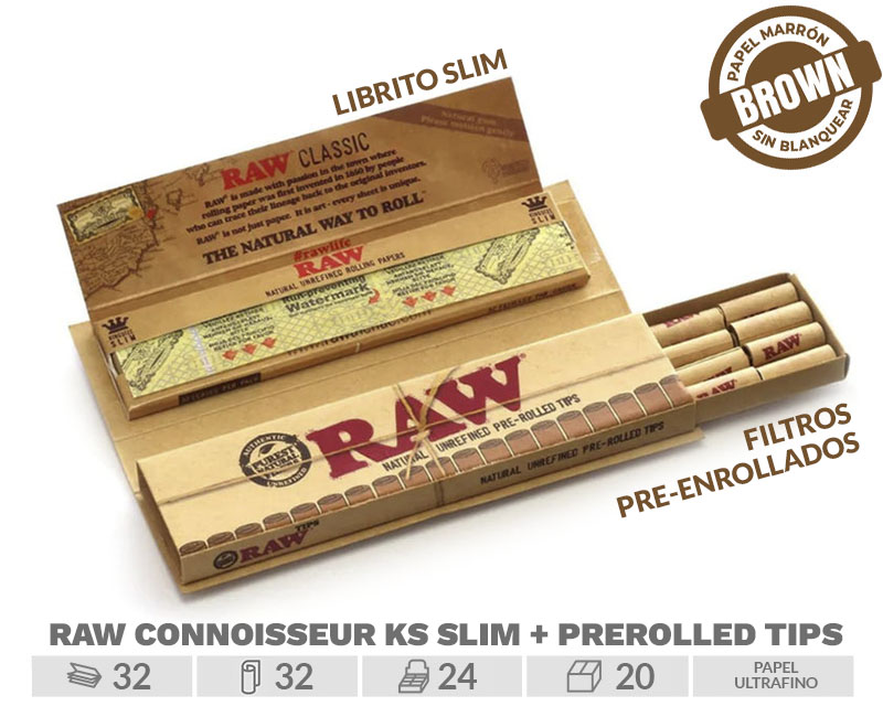 RAW EXP 24  CONNOISSEUR PAPEL SLIM + PRE-ROLL TIPS
