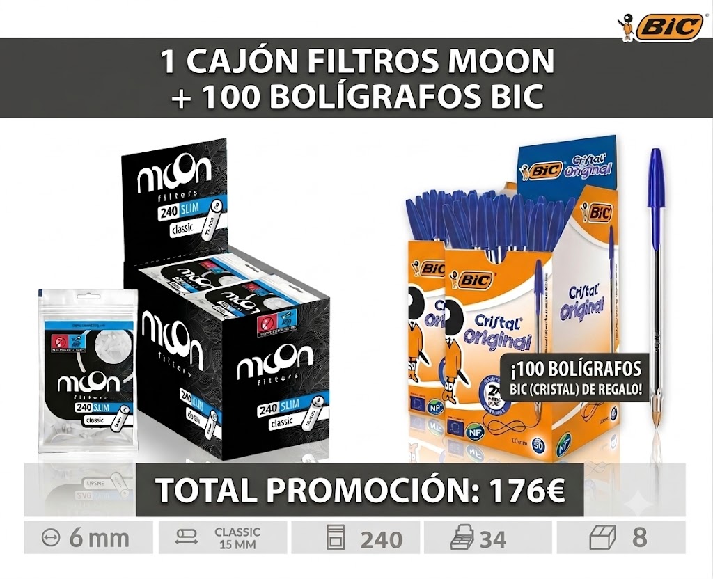 PROMO CAJON FILTROS MOON + BOLIS BIC REGALO