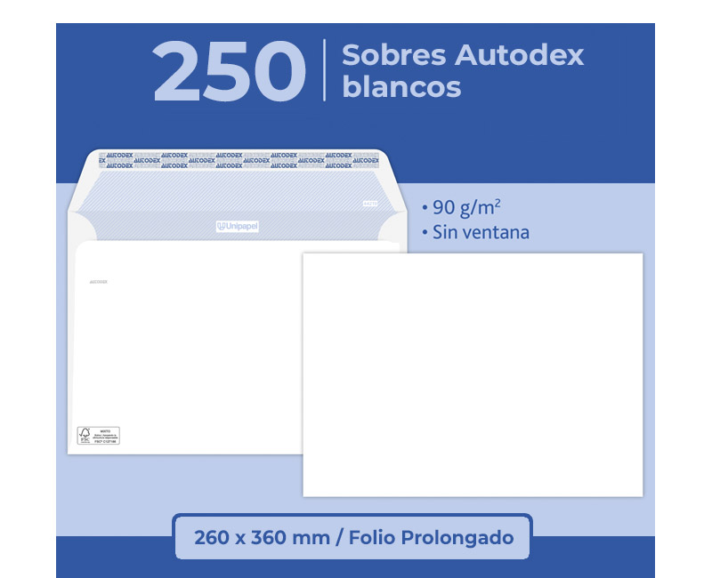 SOBRE BLANCO AUTODEX (CAJA 250 UDS) 260x360mm